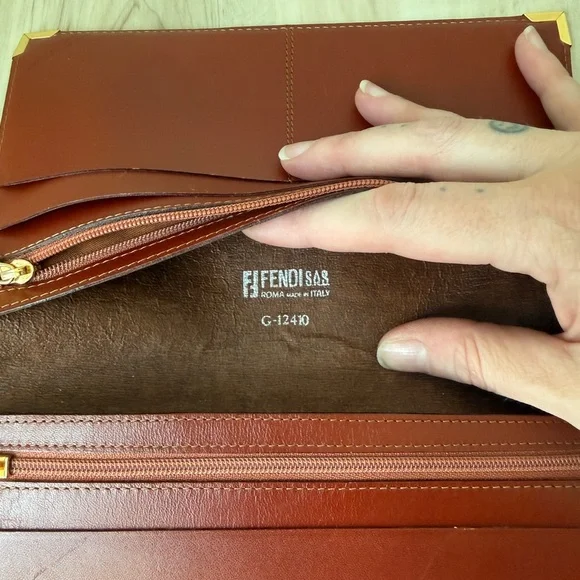 Authentic Vintage Fendi Pequin Pattern Pecan Leather-Trim Snap Wallet - Picture 5 of 6